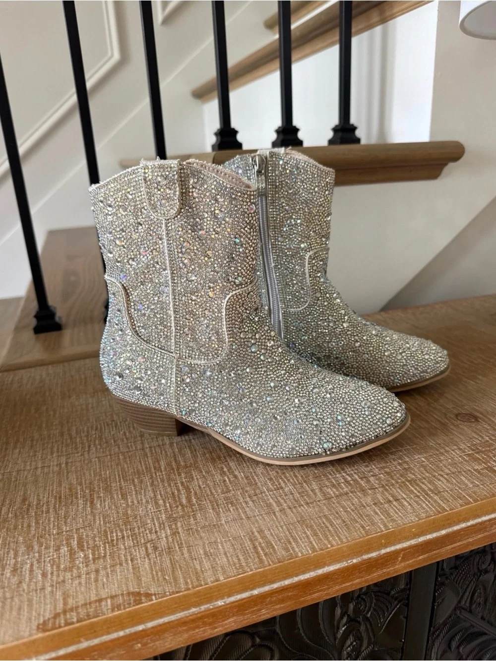 Crystal Embellished Western Ankle Boots - Silver Glitter